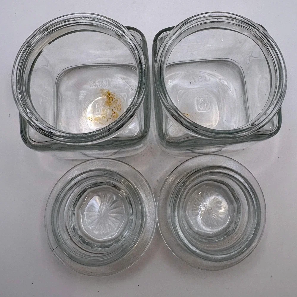2 Vtg Anchor Hocking Mini Square Glass Canisters Starburst Glass-On-Glass Lids